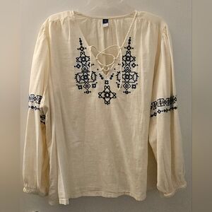 Old Navy Cream Blouse with Navy Embroidery